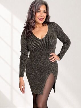 BCBGMAXAZRIA Gold Metallic Ribbed Bodycon Slit Dress S